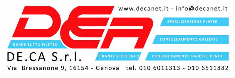 DE.CA. srl

www.decanet.it - info@decanet.it
Via Bressanone 9, 15054 - Genova
010.6011313 - 010.6511882

Barre tutto filetto, Tiranti Geologici, Stabilizzazione Platee, Consolidamento Gallerie, Consolidamento Pareti e Pendii